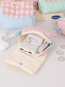 Macaron Quilted Camera Storage Bag, Digital Bag, Data Cable Storage Bag, Color Contrasting Flip Cover Design, Portable CCD Earphone Storage Protection - Multicolor - View 6