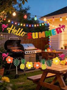 2pcs/1set Hello Summer Banner, Hawaiian Party Decoration, Pineapple Flamingo Garland, Summer Beach Pool Birthday Party Backdrop Decoration, Suitable For Summer Holiday Gatherings And Hawaiian Theme Indoor/Outdoor Party Hanging Decoration, Party Photo Backdrop Props - View 4