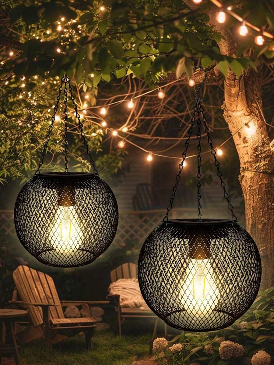 Vintage Black Mesh Sphere Solar Pendant Light, Waterproof LED Solar Hanging Lamp, Automatic Light Control Iron Cage Lantern, Suitable For Garden, Patio, Yard, Balcony, Lawn, Wedding, Christmas Outdoor Decor, Solar Powered Lighting Gift - 1Pc Black - View 1