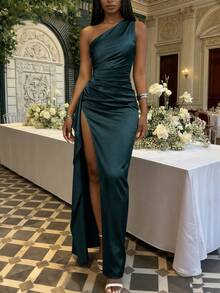 Women's Pleated Sexy One Shoulder Maxi Dress High Split Slim-Fit Cocktail Party Evening Gown,Easter Women Dress - 墨綠色 - 查看 5