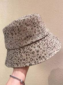 New Women's Japanese Style Leopard Print Rhinestone Bucket Hat, Large Brim Sun Hat, Face-Slimming Sun Protection Hat - A - View 13