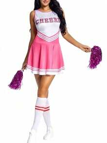New Cheerleading Performance Outfit 3 Pieces Set (Dress, Pom-Poms, Socks) Football Baby Gymnastics Tight Dress, Fashionable Kawaii Party Costume Set - Pink - View 2