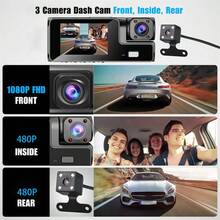汽車行車記錄器 1080P UHD 三路錄影 前/後/車內錄影 2 吋 IPS 螢幕 夜視 循環錄影 緊急鎖定 24 小時停車模式 男士節日禮物汽車配件 內建 150mAh 鋰電池 - 3 cameras - 查看 2