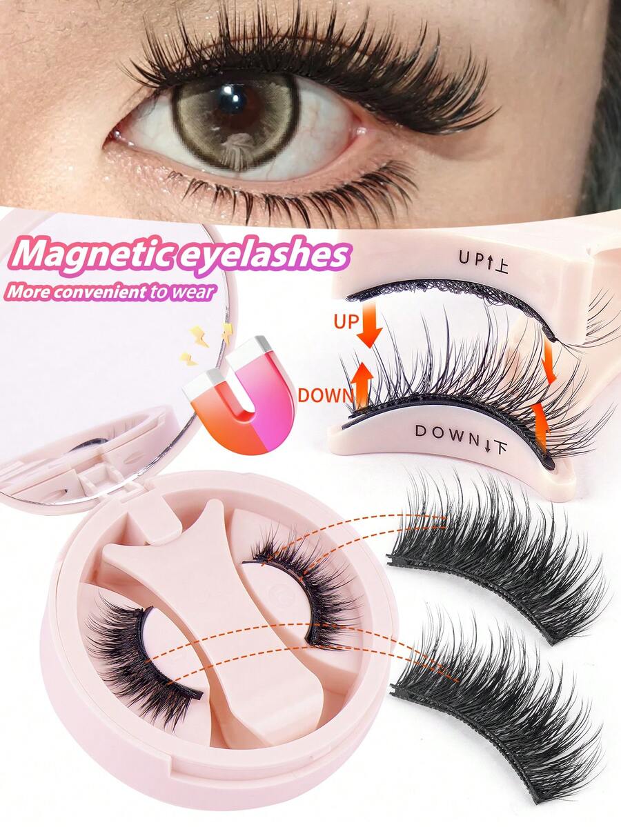 MAANGE 1套 C捲狐狸眼磁吸假睫毛套組，附磁吸睫毛夾，10-14mm，接睫毛效果，自然妝感免膠水，3D自然捲軟翹逼真睫毛，放大眼睛，蓬鬆交叉款，優雅易佩戴，便攜包裝，適合旅行、日常、派對等，假睫毛，接睫毛