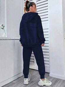 Youth Girl Letter Print Warm Hoodie And Pants Set - Royal Blue - View 2