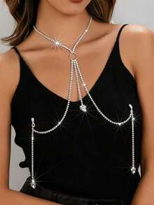 Women's Classic Bra Chain Body Jewelry, Sparkling Rhinestone Design, Sexy Party Accessory - Silver - View 1