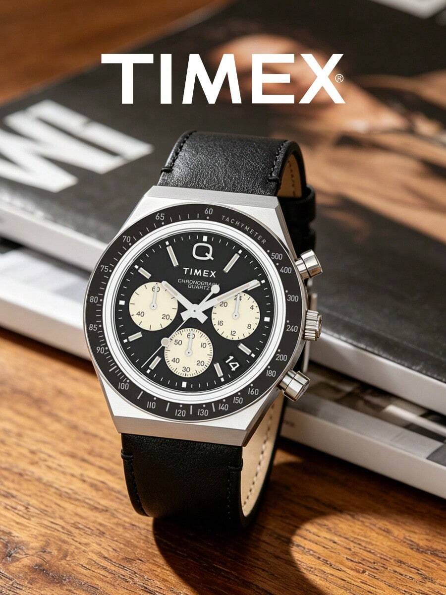 Timex Tiemishi Vintage Racing Chronograph Men's Watch, Black Dial With Cream Sub-Dials, Tachymeter Bezel, Black Leather Strap, Casual Dress Wristwatch - Black - View 1