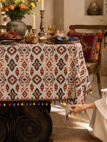 1pc Bohemian Print Tablecloth With Rainbow Woven Tassels, Decorative Table Cover For Dining Table, Coffee Table And Bedside Cabinet, Suitable For Home Decor, Party, Banquet, Picnic And Camping, All Seasons - Multicolor - View 2