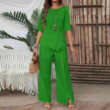 Conjunto de Dos Piezas para Mujer 2025: Summer de Corte Irregular y Camisa de Media Manga con Botones, Elegante, Casual y Holgado - Amarillo - Ver 5