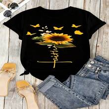 Sunflower Faith Cross Graphic T-Shirt, 100% Cotton Oversized Soft Breathable Casual Crewneck Short Sleeve Top, Summer Vibes Aesthetic Tee For Women & Nature Lovers - 黑色 - 查看 18