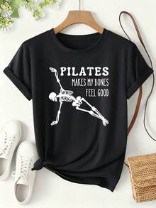 Camiseta para mujer con estampado "PILATES MAKES MY BONES FEEL GOOD" 2026 Primavera/Verano, estilo deportivo divertido, manga corta, fitness y moda ropa - Negro - Ver 2