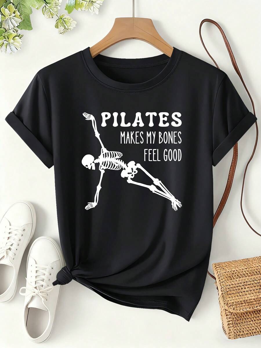 Camiseta para mujer con estampado "PILATES MAKES MY BONES FEEL GOOD" 2026 Primavera/Verano, estilo deportivo divertido, manga corta, fitness y moda ropa