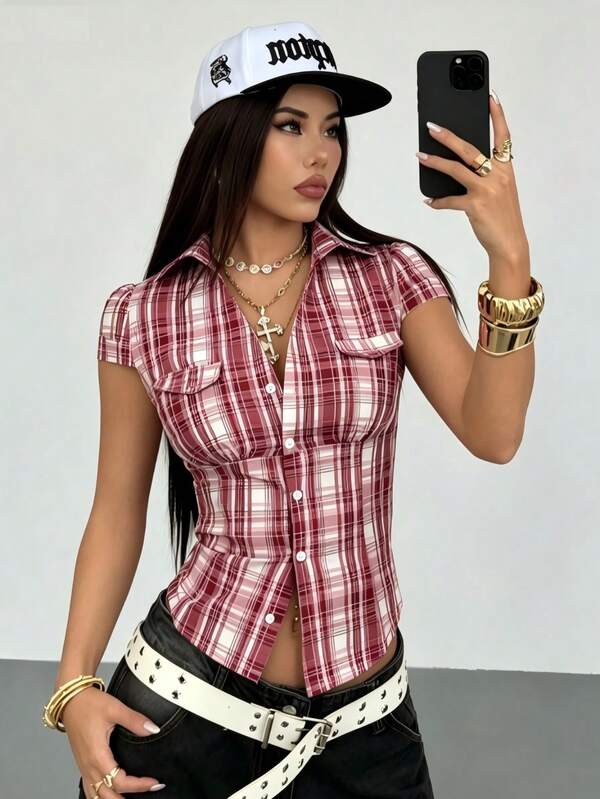 Women's Fashion Versatile Plaid Single-Breasted Shirt For Daily Wear And Dating