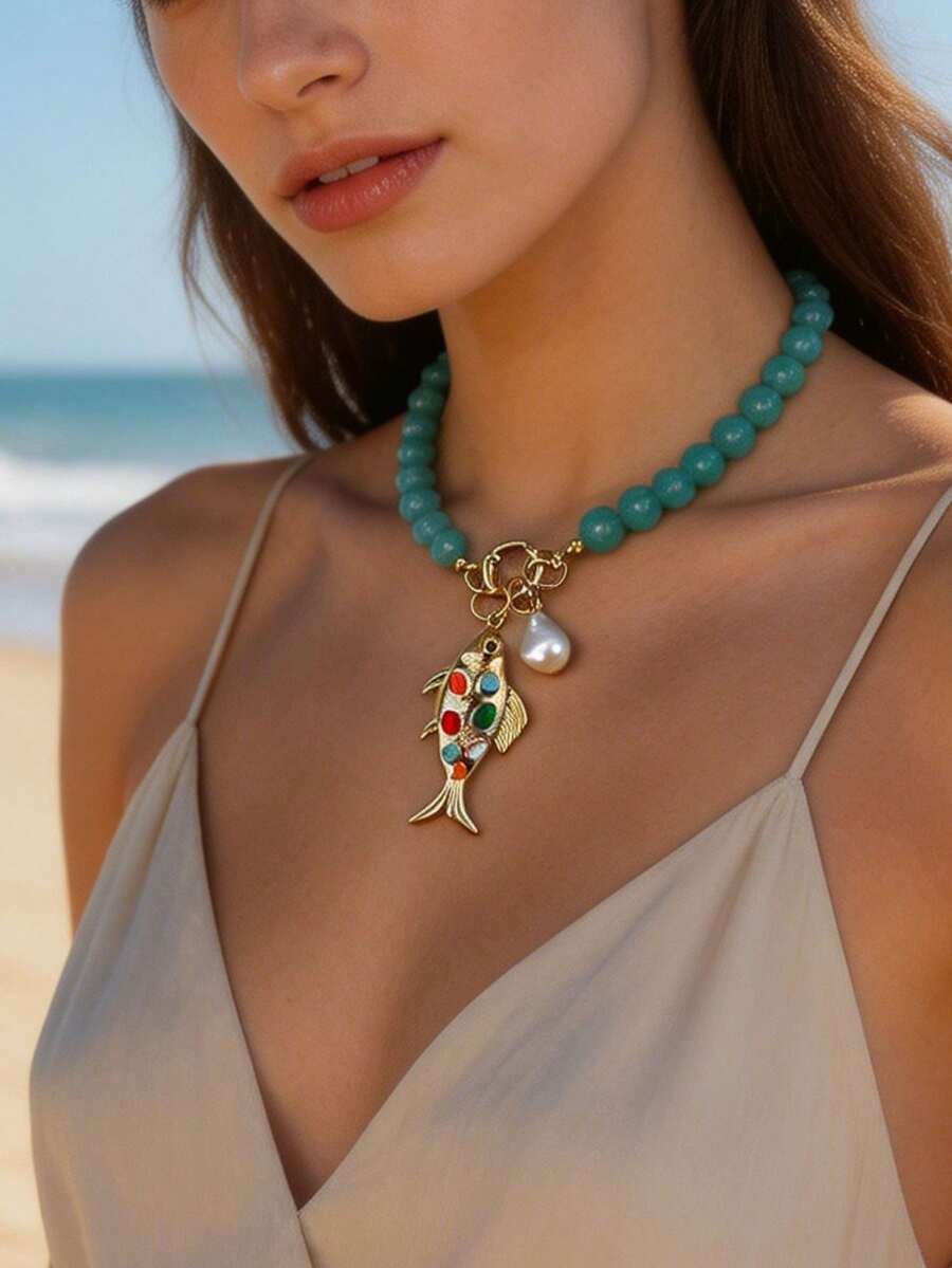 ZA 女款手繪魚形吊墜串珠項鍊 | 多色航海波希米亞風復活節禮物海灘派對飾品 - 魚G款 - 查看 1