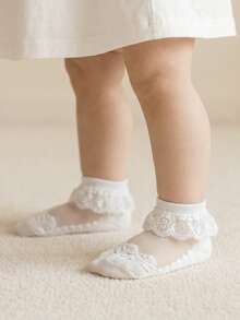 1雙女童幼兒薄款透氣冰絲玻璃纖維棉短襪 嬰兒襪 - 杏色 - 查看 2