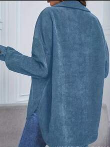 Women's Blue Corduroy Long Sleeve Drop Shoulder Button-Up Shirt, Drop Shoulder Design, Button Details, Regular Hem, Suitable For Daily Wear, Suitable For Autumn/Winter Season, Made Of Non-Stretch Polyester Fabric. - Blue - View 3
