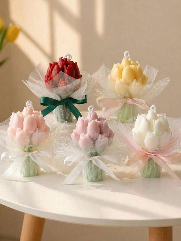 Vela de cera de soja perfumada con ramo de tulipanes, envoltura de malla y cinta de seda, vela aromática floral hecha a mano, vela de fragancia decorativa romántica para recuerdo de boda, dama de honor, cumpleaños, Día de San Valentín, regalo de inauguración de casa, decoración de mesa para hogar y dormitorio, regalo ideal