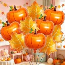 10pcs Harvest Pumpkin And Maple Leaf Foil Balloon Set, Thanksgiving Autumn Theme Party Decoration Orange Foil Balloons - Maple Pumpkin - View 2