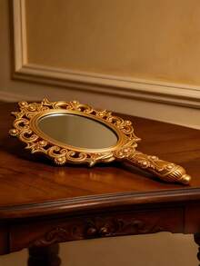 1pc French Style Gilded Carved Handheld Mirror, Suitable For Bathroom Vanity Makeup Set Mirror, Home Washroom, Bedroom Skincare, Bedroom Homestay Soft Decor All-Scene Matching - one-size - View 2