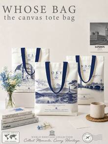 World Heritage Landmark Sketch Tote Bag, 3 Cities Optional: Mount /London/AlUla, Vintage Blue Print Large Capacity Canvas Bag, French Blue Pen Drawing Effect Pattern, Thick Fabric, Washable, Non-Deforming And Non-Fading, Suitable For Commuting, School, Short Trips, Store Visits, Artistic Outings, Versatile Item For Global Travel Enthusiasts, World Heritage Collection Series, Perfect For Gifts Or Personal Use - Multicolor - View 9