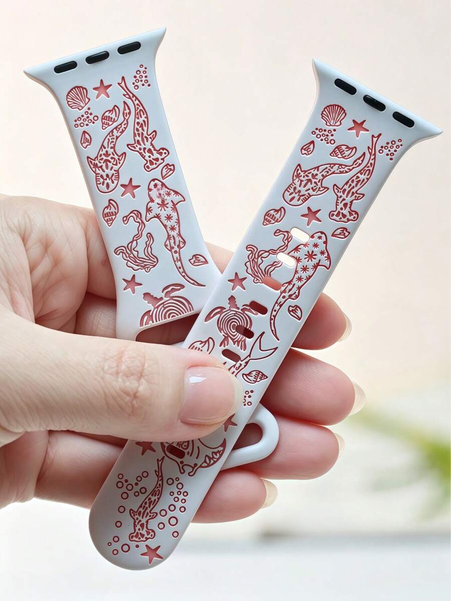 1件白色與粉色對比海洋世界雕花軟矽膠手錶錶帶,女款小眾海洋風運動替換錶帶,兼容 38/40/41/42/44/45/46/49mm 所有尺寸,兼容 Series 1 至 11、Ultra 2、Ultra、SE2、SE 系列,時尚手錶配件,適合日常通勤與度假穿搭 - 白+粉 - 查看 1