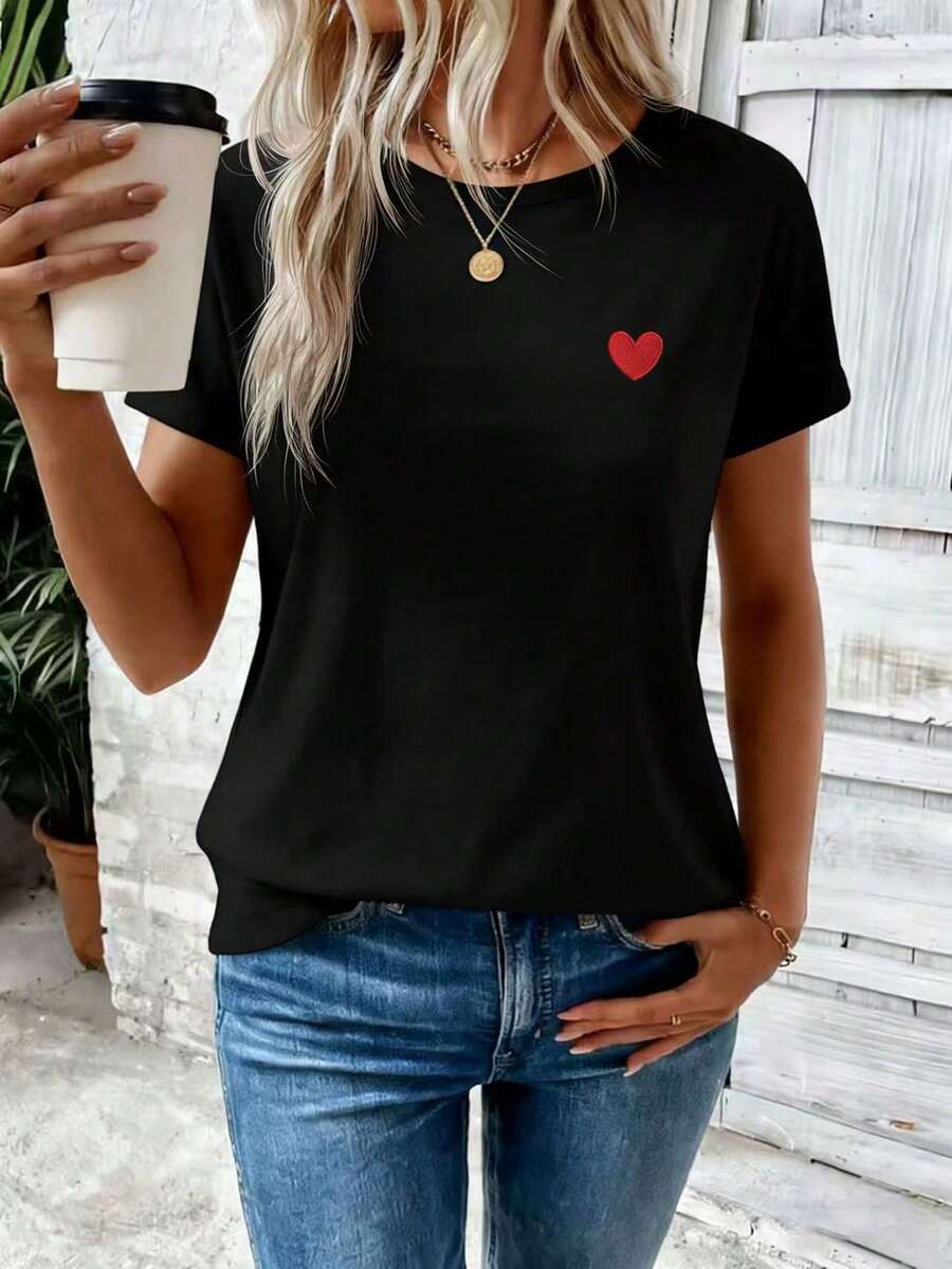 ChristmasEMERY - Women's Short-Sleeved White Shirt With Heart Pattern, Ideal For Summer, Item. - 黑色 - 查看 1