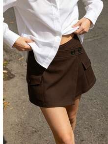 Saia-Short Cargo Feminina de Tecido Trançado Cor Sólida, Shorts Casuais Leves de Verão Sem Elasticidade, Estilo Francês da Moda - Chocolate - Visão 4