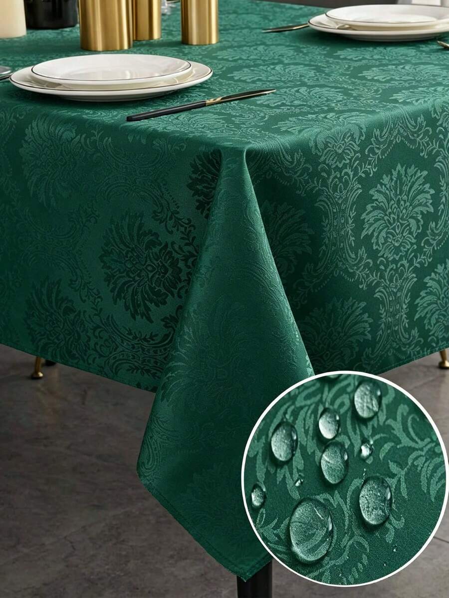 1pc Splash-Proof Rectangular Multi-Size Jacquard Tablecloth, Pattern Luxurious Texture Exquisite Jacquard Tablecloth, Washable Polyester Decorative Tablecloth, Suitable For Various Dining Occasions, Holidays Or Formal Events - Dark Green - View 1