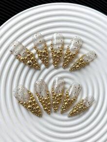 Y2K French Minimalist Luxury 33mm Long Pointed Handmade Press-On Nails, Gold Half-Round Bead Inlay, Glitter Base, Handmade, Exquisite, Creative, Versatile, Personalized, Elegant, Gift, Suitable For Wedding, Party, Outdoor, Beach, Daily, Holiday, Gathering, Work And Special Occasions - 10pcs/Bag - 彩色 - 查看 5