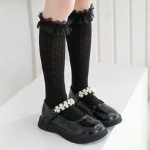 1 Pair Girls' Black Lace Calf Socks, Sweet Elegant Princess Socks, Versatile Ruffle Dance Socks For Back To School Season - Black - View 2