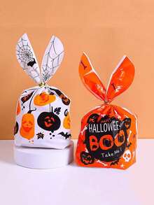 50pcs Halloween Rabbit Ear Shaped Plastic Gift Bags, Classic Pumpkin And Spider Web Print Storage Bags, Reusable Halloween Party Favor Bags, Holiday Table Decor, Carnival, Masquerade, Holiday Party Decoration Packaging Bags - Multicolor - View 6