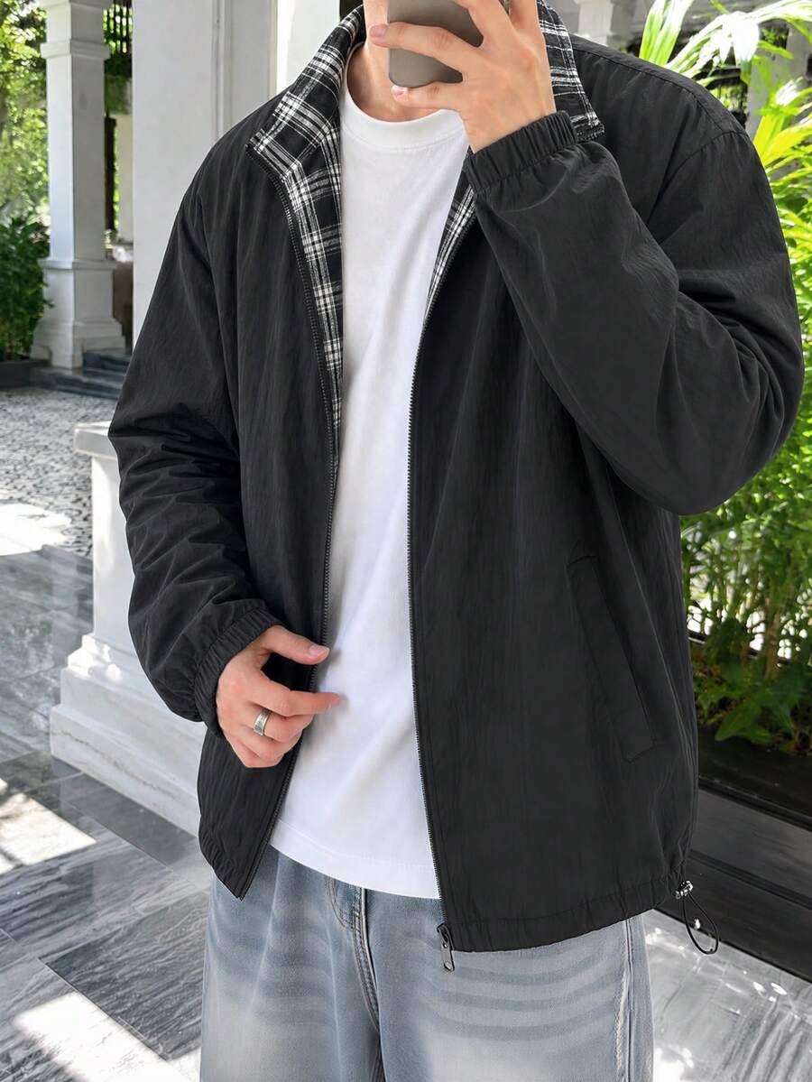 1件裝男士黑色薄款夏季格紋立領夾克,輕量梭織面料,寬鬆修身,輕便舒適,可機洗可乾洗,韓日復古戶外風,適合夏季通勤、日常街頭、戶外旅行 - 黑色 - 查看 1