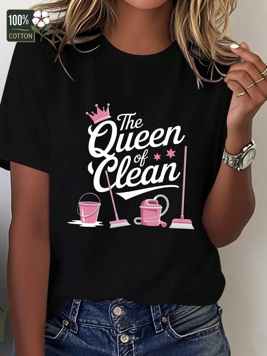 La Reina de la Limpieza con Herramientas Camiseta de Mujer Pura Ajuste Cómodo
