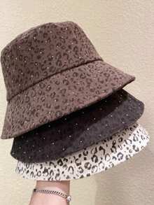 New Women's Japanese Style Leopard Print Rhinestone Bucket Hat, Large Brim Sun Hat, Face-Slimming Sun Protection Hat - A - View 6