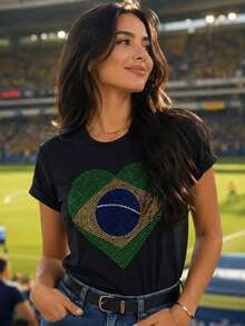 Women's T-Shirt With Brazilian Flag In Rhinestones, World Cup 2026 - 黑色 - 查看 4