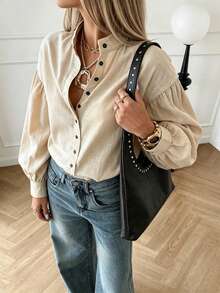YI XUAN Plus Size Women's Linen Fabric Long Sleeve Shirt, Stand Collar Shirt, Women's Casual Shirt, School Uniform Shirt, Elegant Women's Shirt - Apricot - View 7