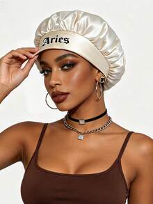 1pc 12 Constellations Beige Satin Hair Care Sleep Cap, Personalized Bonnet, Smooth & Comfortable, Multi-Scene Home Hair Care Luxury Cap - Beige - View 3