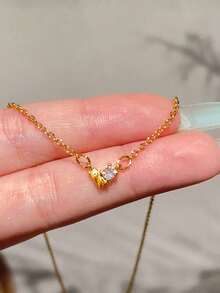 Shescity 1pc Heart-Shaped Rhinestone Necklace Minimalist Design Luxury Versatile Collarbone Chain For Women - Gold - View 2