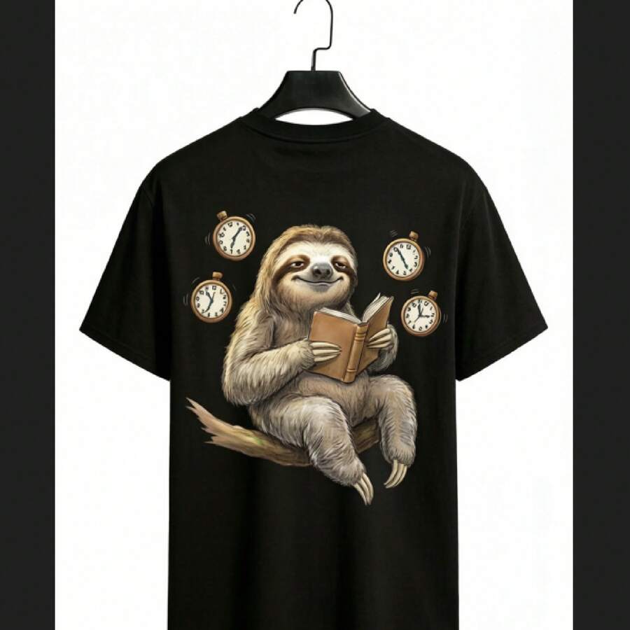 Pure Cotton T-Shirts, Men's T-Shirts, Women's T-Shirts, Printed T-Shirts, Short-Sleeved T-Shirts, Modern And Casual, With A Sloth Print. - 黑色 - 查看 1