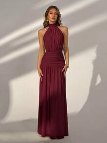 Elegant Yellow Halter Ruched Waist Backless Mesh Maxi Dress, Perfect For Beach Vacation, Going Out Wear, Summer Party, Graduation Wedding - Burgundy - View 3