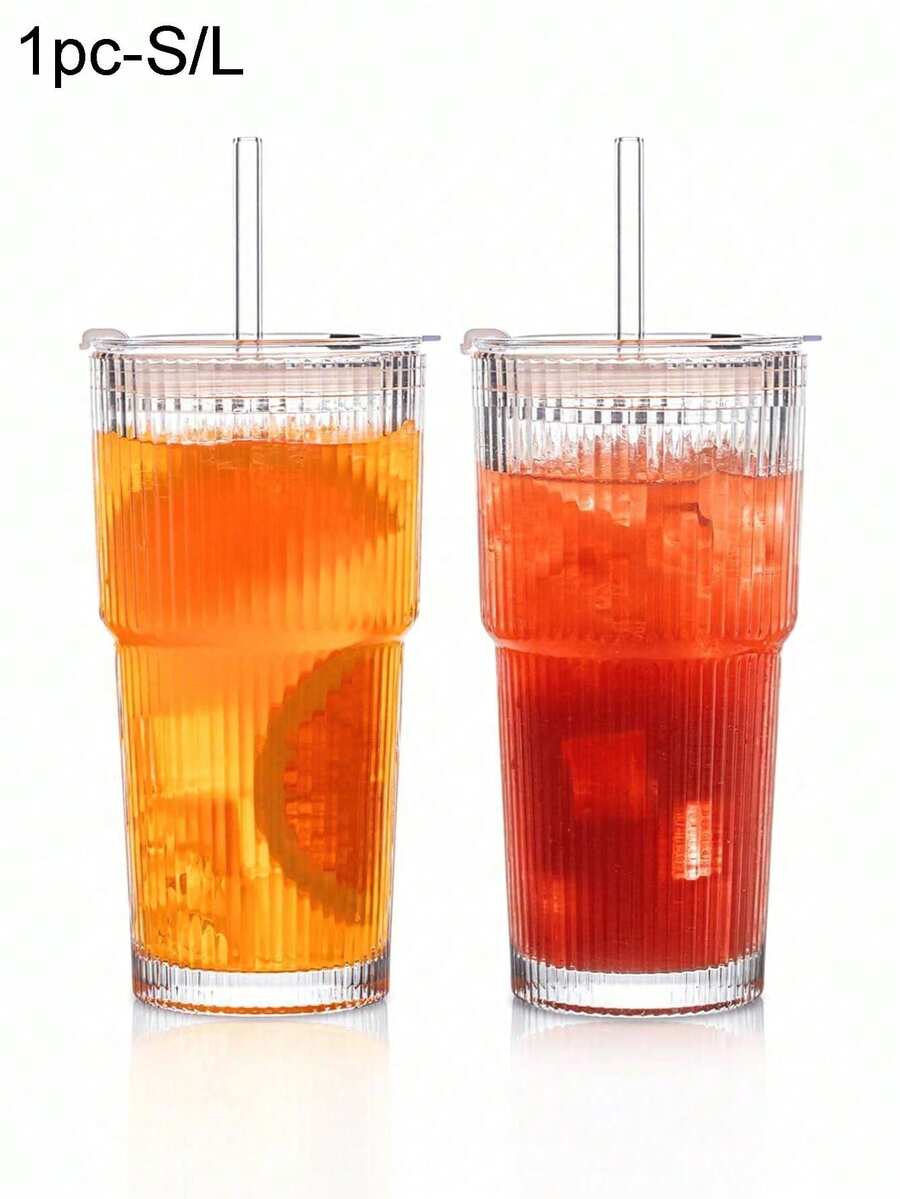 1組條紋玻璃杯附吸管與蓋子，便攜極簡風水杯，直條紋玻璃杯，可重複使用高品質咖啡與果汁杯，多功能飲料容器，適合居家、辦公室、校園、海灘、各種聚會，適用於咖啡、茶、威士忌、牛奶、冰美式與拿鐵，易於攜帶與清洗。飲料杯、馬克杯、咖啡杯，送給家人與朋友的絕佳禮物，節日禮物 - 可選 1 支吸管刷