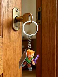 Minecraft‑Inspired Alex Figure Keychain, Solid Durable Resin‑Made Pendant With Matching Shield And Purple Sword, Rust‑Proof Metal Split‑Ring And Linked Chain, Lightweight Design For Hanging On Car Keys And Backpacks. - Multicolor - View 7
