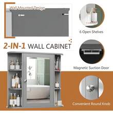 Wall Mounted Mirror Bathroom Medicine Cabinet With Adjustable Open Storage Shelves, Bathroom Wall Organizer Cabinet With Mirror Door & 6 Customizable Shelves - Grey - View 8