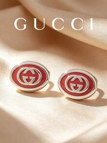 GUCCI Interlocking GG Oval Stud Earrings Pink Enamel Silver Trim Classic Designer Women's Daily Jewelry Birthday Gift - Pink - View 1