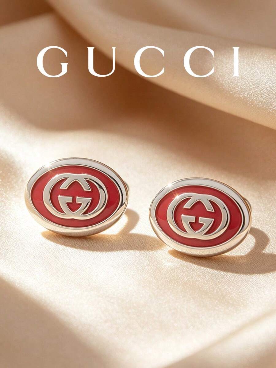 GUCCI Interlocking GG Oval Stud Earrings Pink Enamel Silver Trim Classic Designer Women's Daily Jewelry Birthday Gift - Pink - View 1