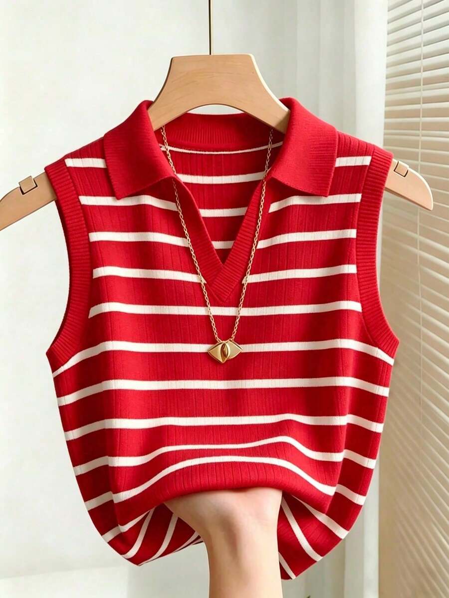 Camiseta de tirantes de punto con cuello y rayas elegante y casual para mujer - Rojo - Ver 1