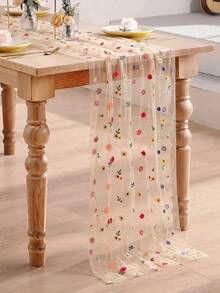 1pc Champagne Embroidered Floral Mesh Table Runner, Birthday Party Tablecloth, Tablecloth, Tablecloth, Birthday Decoration, Birthday Party Supplies, Baby Shower Decoration, Birthday Gift, Party Favor, Wedding Decoration Supplies, Baby Shower, Gender Reveal Party, Bridal Shower, Home Decor, Room Decor, Kitchen Table Cover, Wedding Arch Fabric - Champagne Gold Embroidered Flowers - View 3