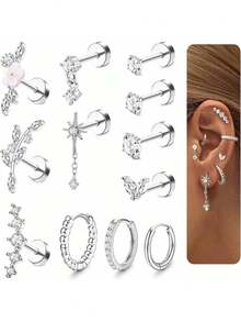12pcs/Set Gold Color Earrings, Circular Barbell Earrings With 4-Prong Cubic Zirconia - Multicolor - View 7