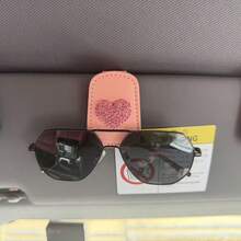 1pc Cute Rhinestone Heart Car Fashion Glasses Clip, Leather Sun Visor Eyeglass Holder, Multifunctional Card Clip For Car Interior Decoration - Love - View 3