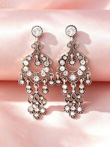 1 Pair Vintage Sweet Elegant Rhinestone Teardrop Tassel Earrings For Women, Holiday Birthday Date Party Banquet Vacation Shopping Daily Commute Accessory - Water Droplets - View 6